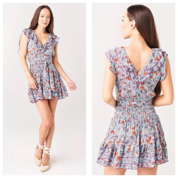 Poupette St Barth Women's Della Ruffled Mini Dress Size Medium Floral Smocked - Picture 1 of 14
